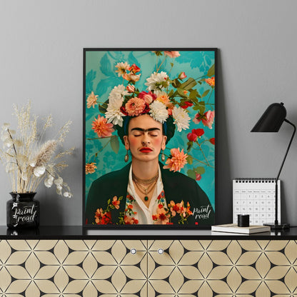 This beautiful painting captures the iconic Frida Kahlo in a stylized portrait, emphasizing her pie… for office
