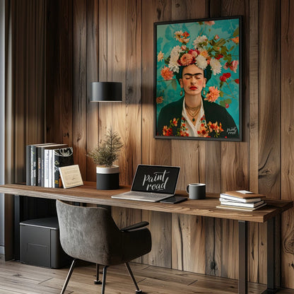 This beautiful painting captures the iconic Frida Kahlo in a stylized portrait, emphasizing her pie… for office