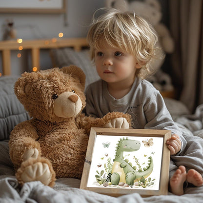 This charming watercolor illustration features a friendly, smiling green dinosaur, reminiscent of a… for bedroom