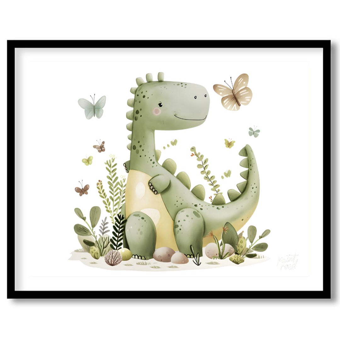 This charming watercolor illustration features a friendly, smiling green dinosaur, reminiscent of a… for home