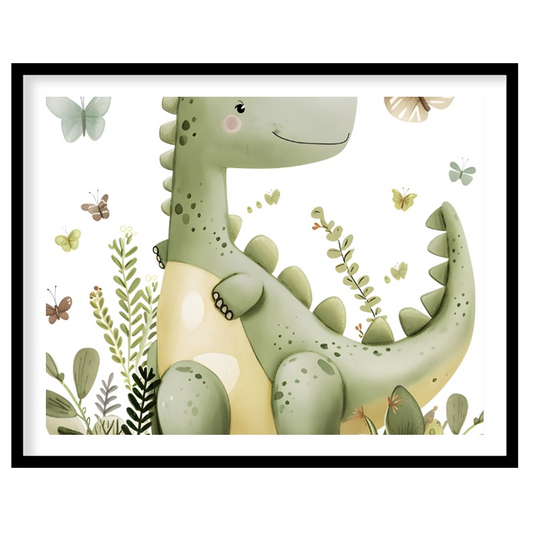 This charming watercolor illustration features a friendly, smiling green dinosaur, reminiscent of a… for home
