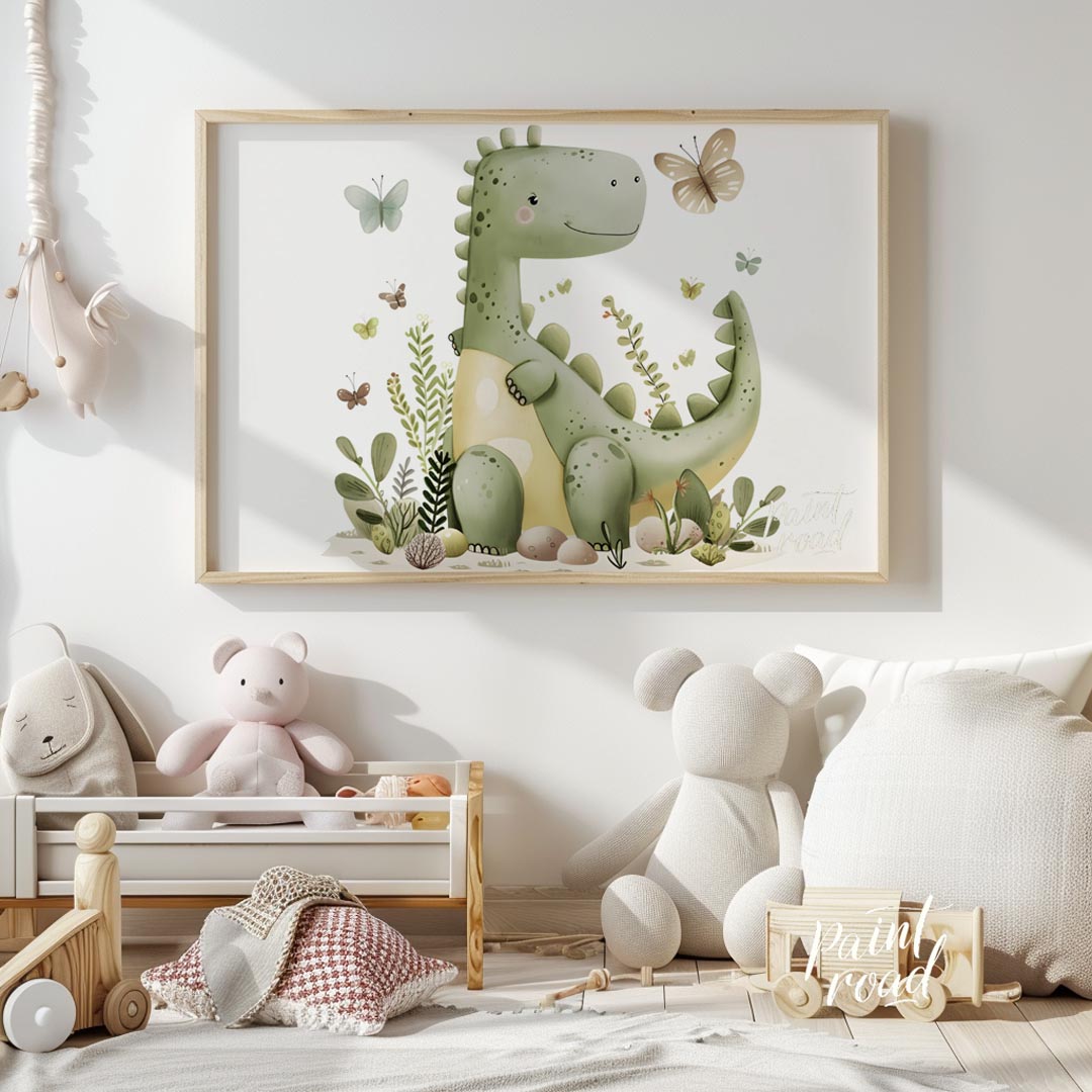 This charming watercolor illustration features a friendly, smiling green dinosaur, reminiscent of a… for nursery