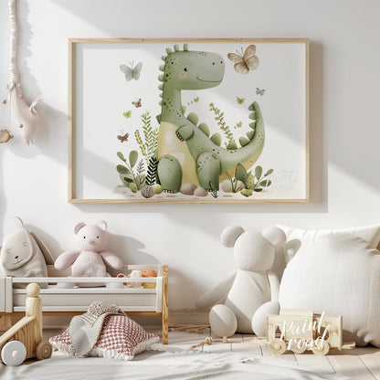 This charming watercolor illustration features a friendly, smiling green dinosaur, reminiscent of a… for nursery