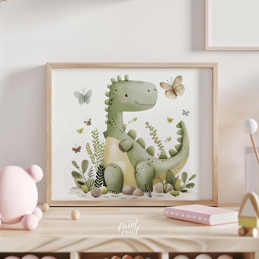 This charming watercolor illustration features a friendly, smiling green dinosaur, reminiscent of a… for nursery