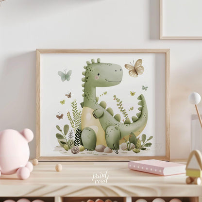 This charming watercolor illustration features a friendly, smiling green dinosaur, reminiscent of a… for nursery