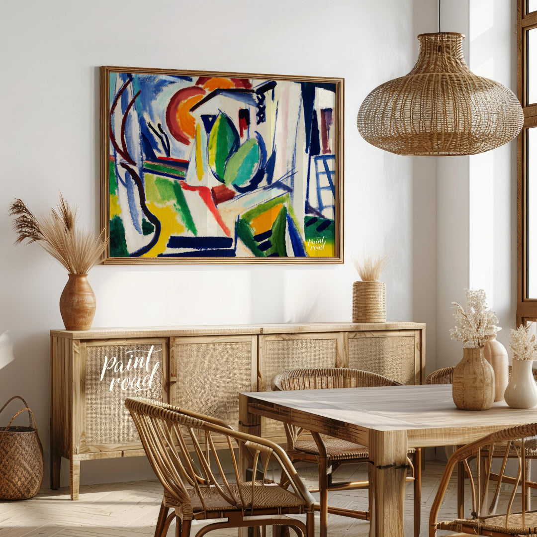 "This abstract painting, titled ""Fugue"" by Henry Lyman Sayen, features a dynamic interplay of geo… for dining room