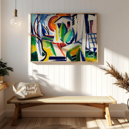 "This abstract painting, titled ""Fugue"" by Henry Lyman Sayen, features a dynamic interplay of geo… for entryway