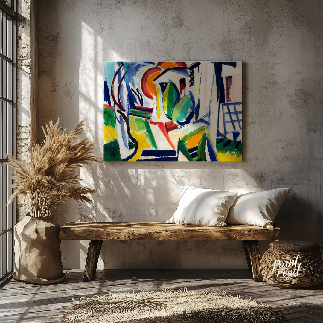 "This abstract painting, titled ""Fugue"" by Henry Lyman Sayen, features a dynamic interplay of geo… for entryway