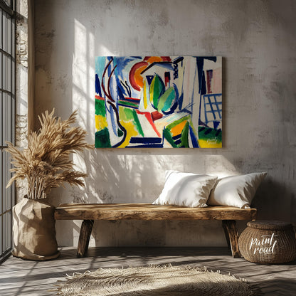 "This abstract painting, titled ""Fugue"" by Henry Lyman Sayen, features a dynamic interplay of geo… for entryway