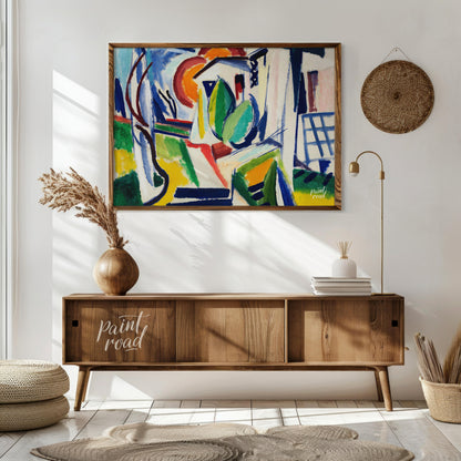 "This abstract painting, titled ""Fugue"" by Henry Lyman Sayen, features a dynamic interplay of geo… for living room