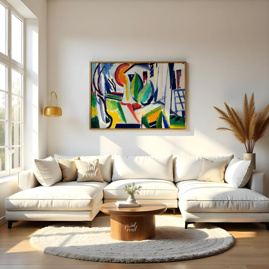 "This abstract painting, titled ""Fugue"" by Henry Lyman Sayen, features a dynamic interplay of geo… for living room