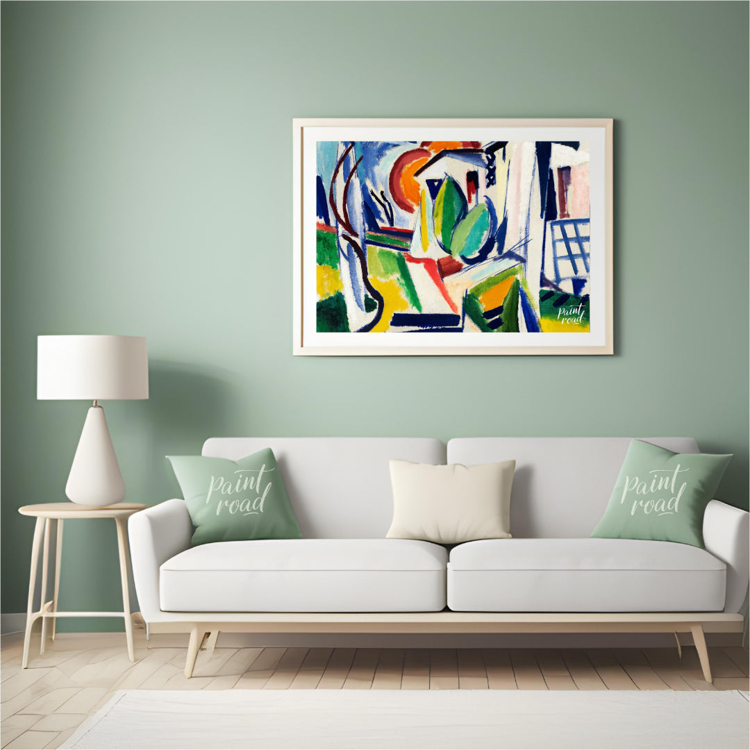 "This abstract painting, titled ""Fugue"" by Henry Lyman Sayen, features a dynamic interplay of geo… for living room