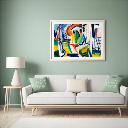 "This abstract painting, titled ""Fugue"" by Henry Lyman Sayen, features a dynamic interplay of geo… for living room