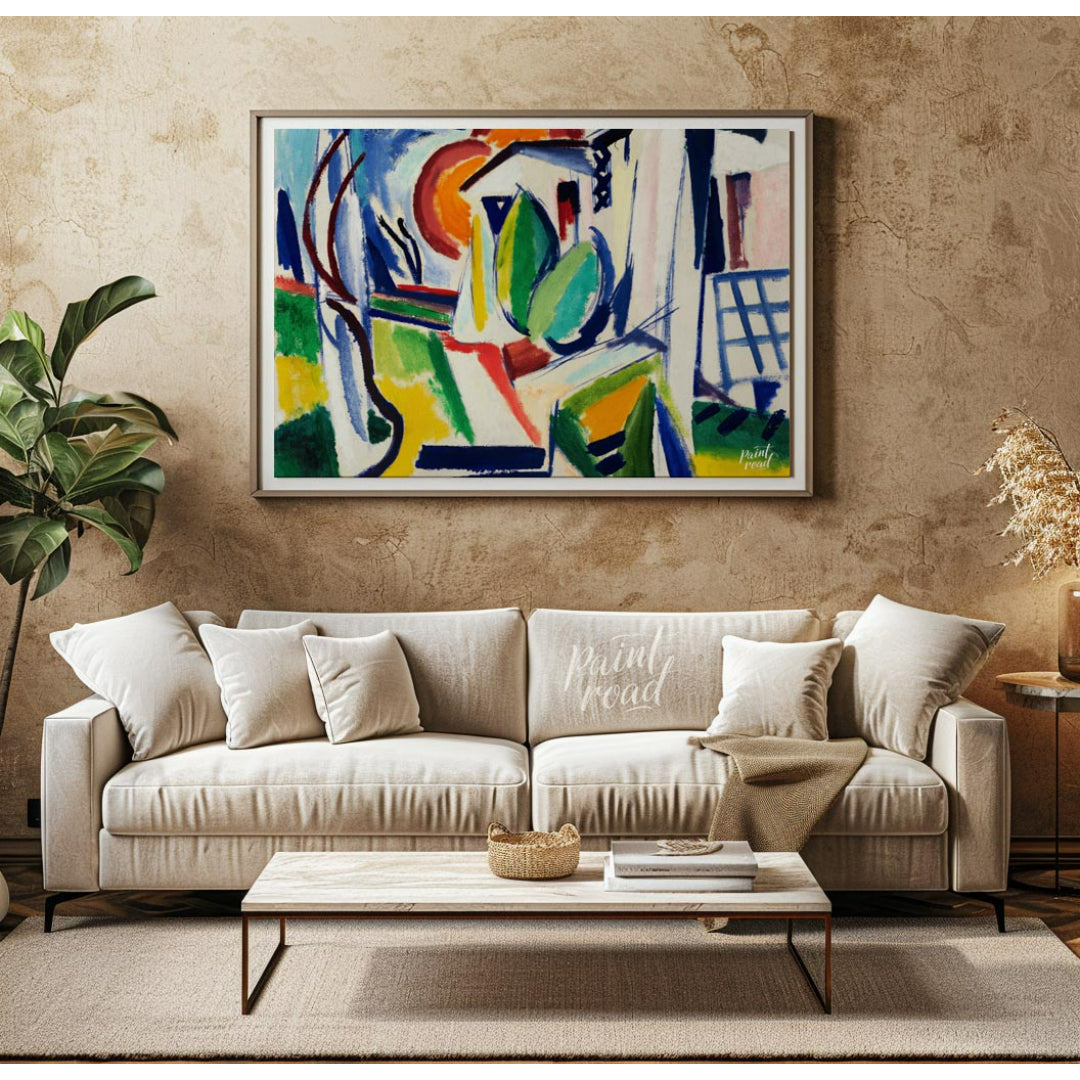 "This abstract painting, titled ""Fugue"" by Henry Lyman Sayen, features a dynamic interplay of geo… for living room