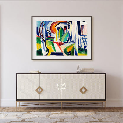 "This abstract painting, titled ""Fugue"" by Henry Lyman Sayen, features a dynamic interplay of geo… for living room