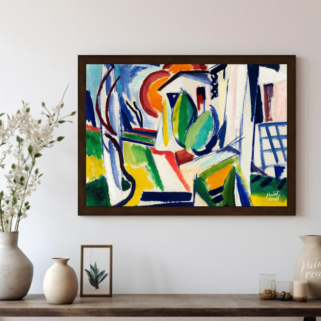 "This abstract painting, titled ""Fugue"" by Henry Lyman Sayen, features a dynamic interplay of geo… for living room