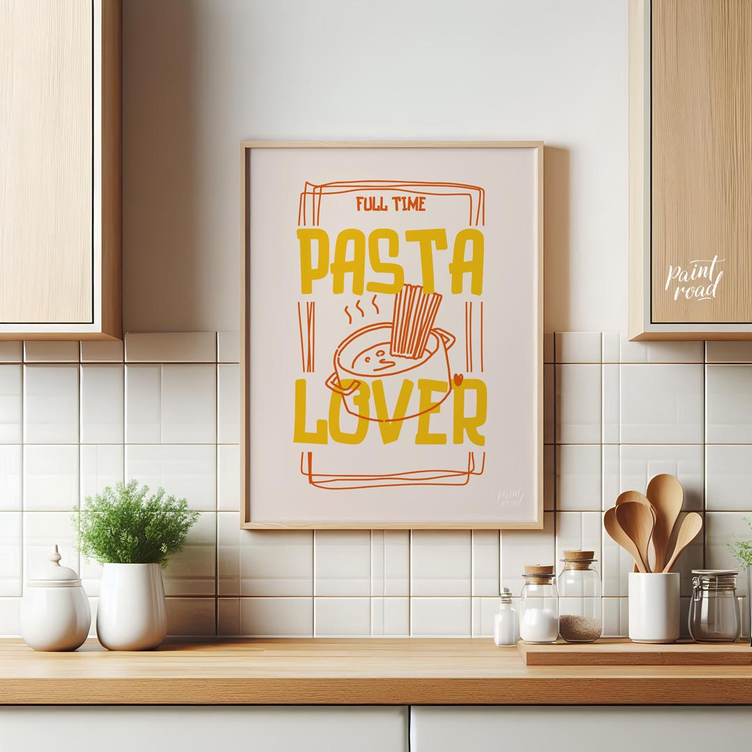 This charming and playful poster is a celebration of all things pasta, designed with a rustic yet m… for kitchen
