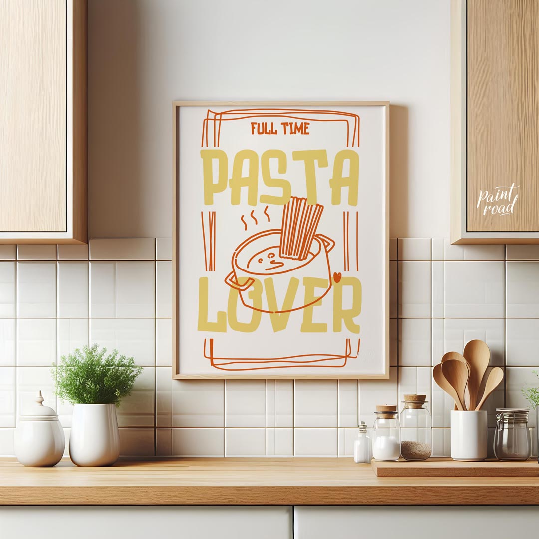 This engaging and spirited poster is a playful declaration for any pasta enthusiast, presented in a… for kitchen