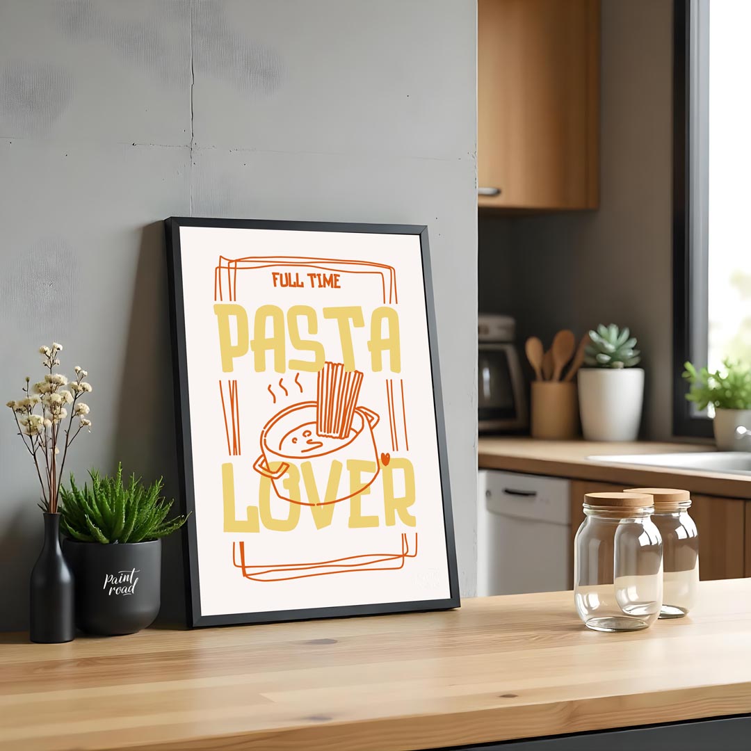 This engaging and spirited poster is a playful declaration for any pasta enthusiast, presented in a… for kitchen