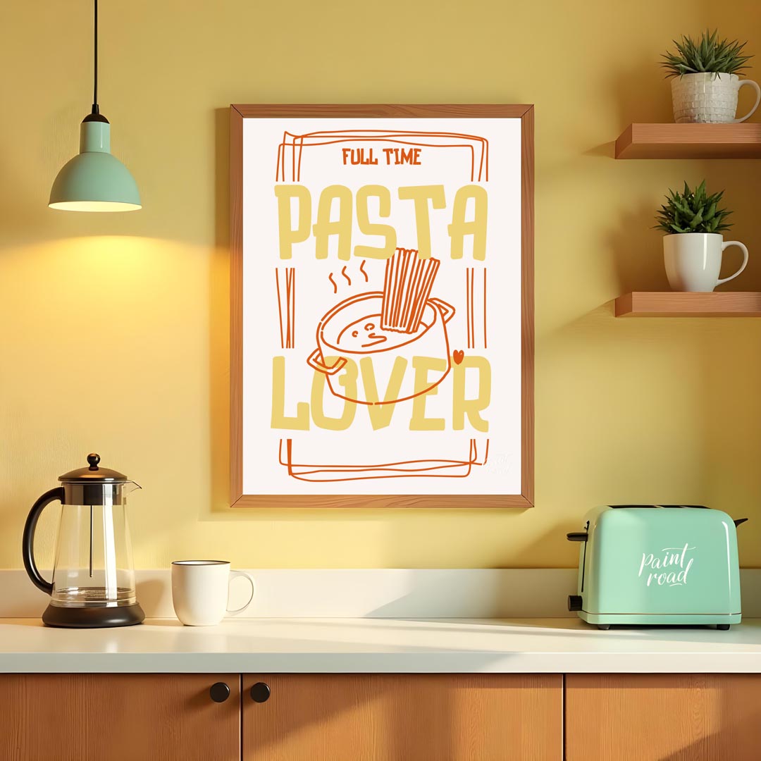 This engaging and spirited poster is a playful declaration for any pasta enthusiast, presented in a… for kitchen