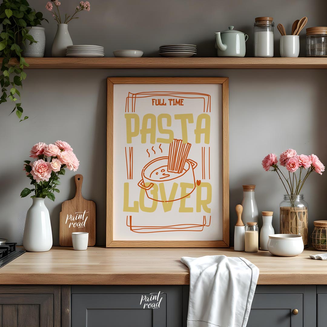 This engaging and spirited poster is a playful declaration for any pasta enthusiast, presented in a… for place