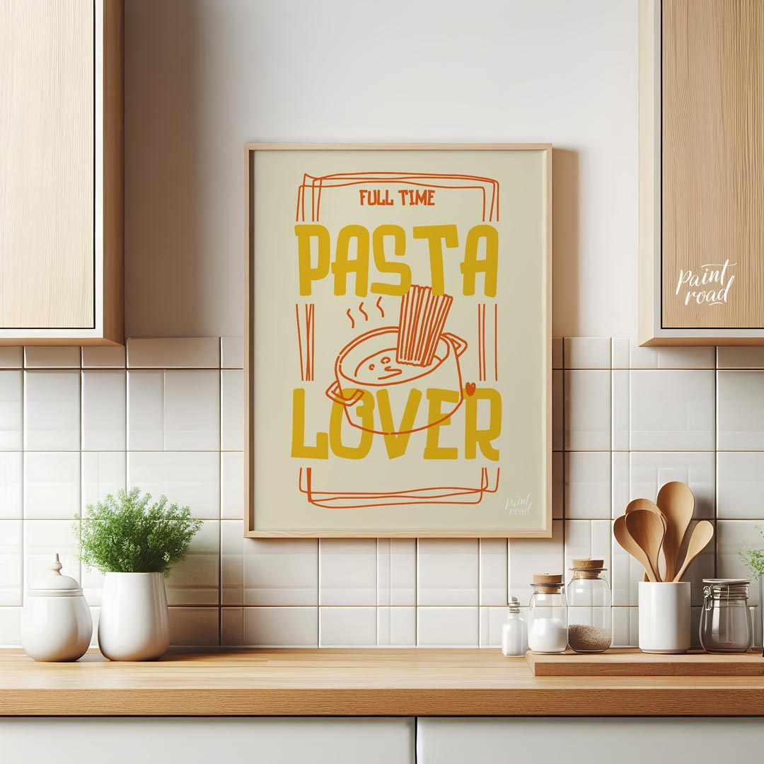 This engaging and spirited poster is a playful declaration for any pasta enthusiast, presented in a… for kitchen