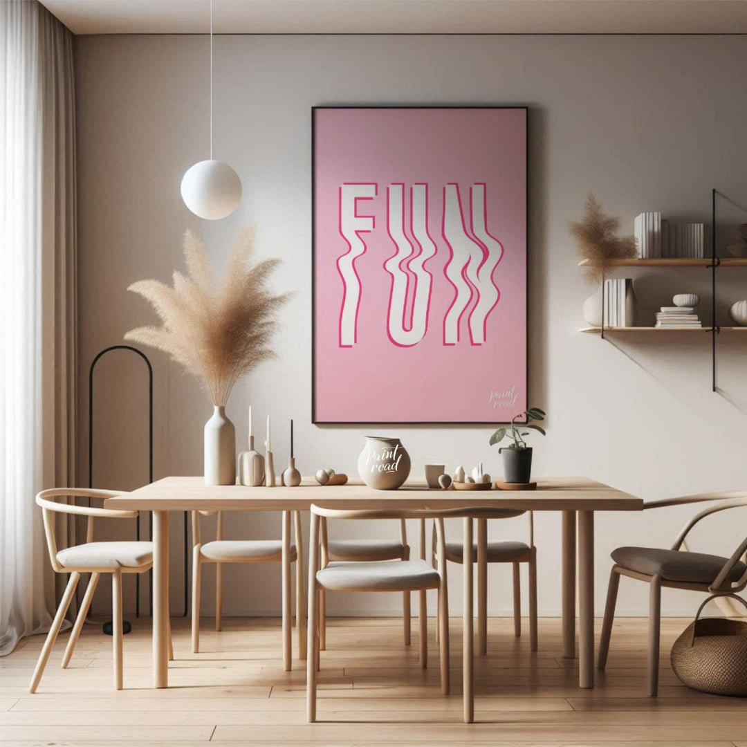 This vibrant and playful graphic features the word “FUN” in bold, uppercase white letters, set agai… for dining room