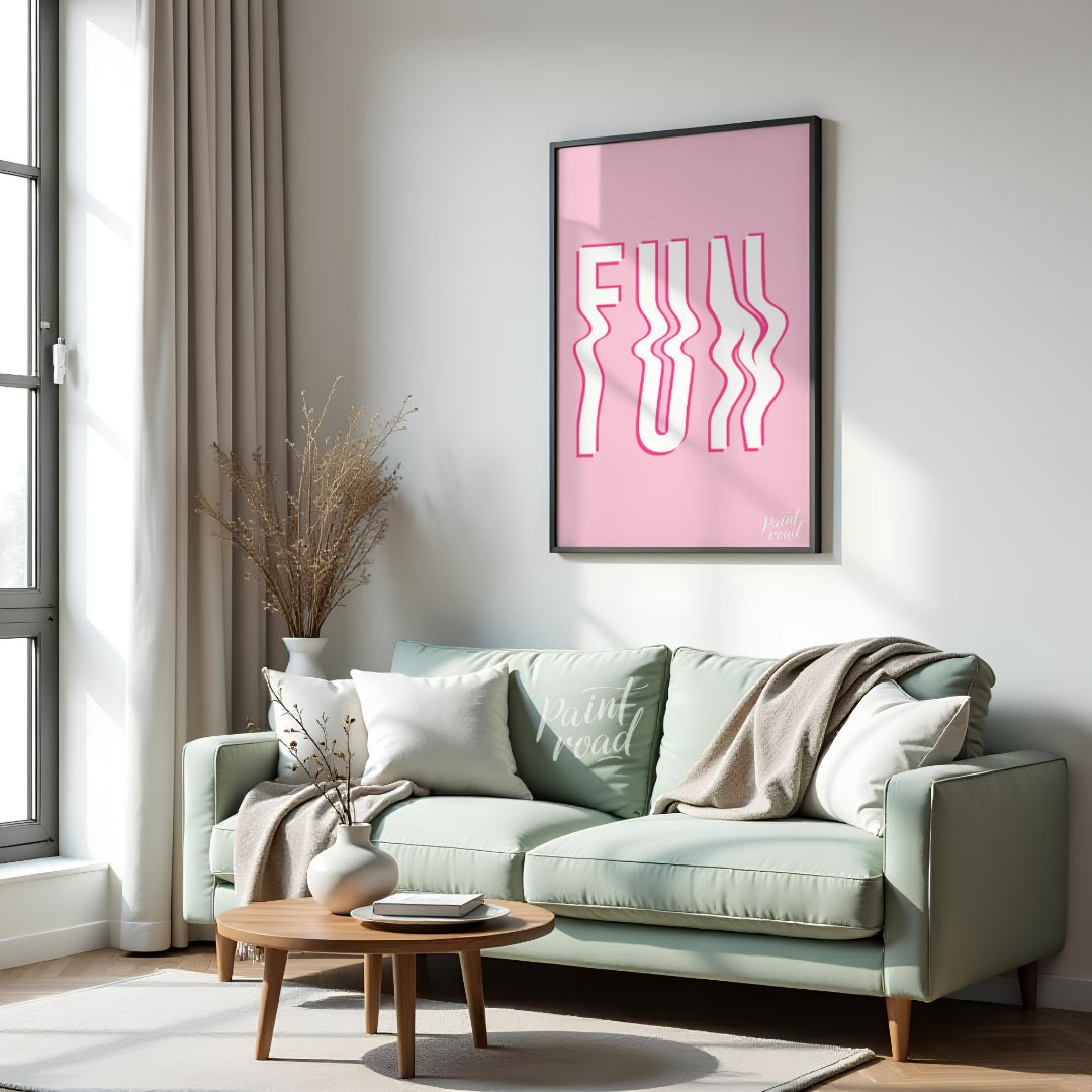 This vibrant and playful graphic features the word “FUN” in bold, uppercase white letters, set agai… for living room