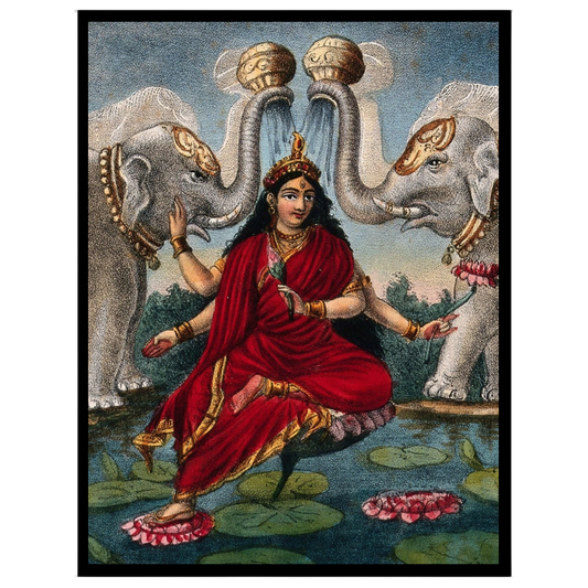 Celebrate the goddess of fortune with this exquisite depiction of Gajalakshmi, surrounded by for studio
