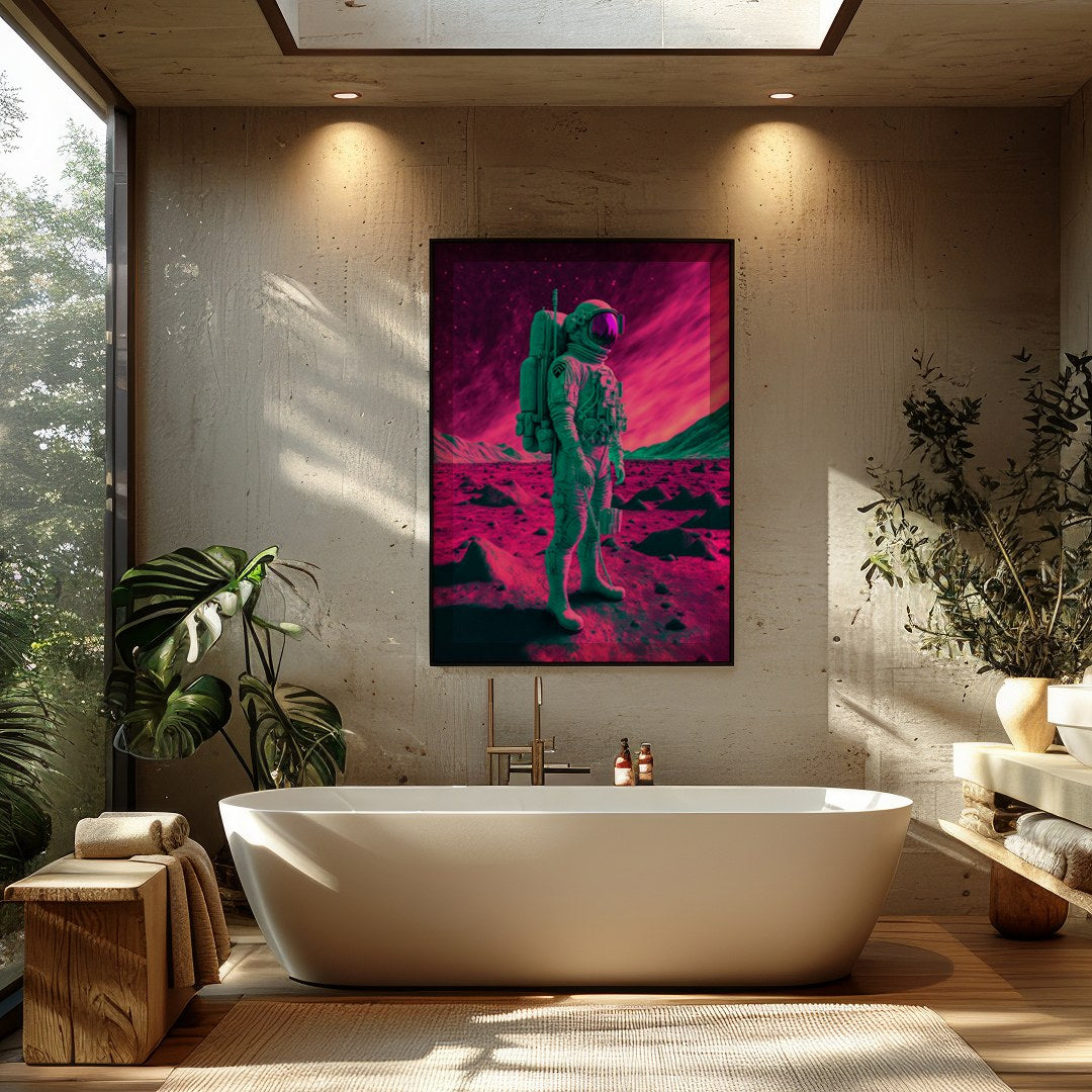 Step into an otherworldly realm with this captivating piece of wall art. Featuring a lone astronaut for Bathroom