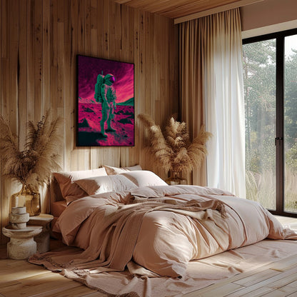Step into an otherworldly realm with this captivating piece of wall art. Featuring a lone astronaut for Bedroom