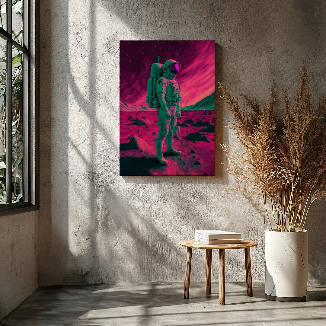 Step into an otherworldly realm with this captivating piece of wall art. Featuring a lone astronaut for Entrance