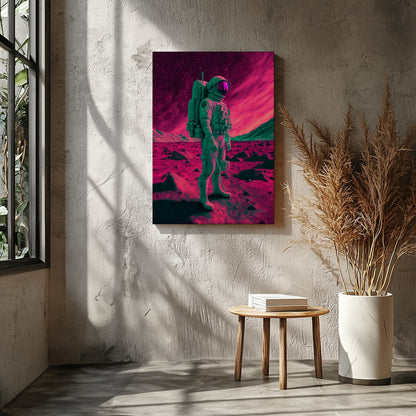 Step into an otherworldly realm with this captivating piece of wall art. Featuring a lone astronaut for Entrance