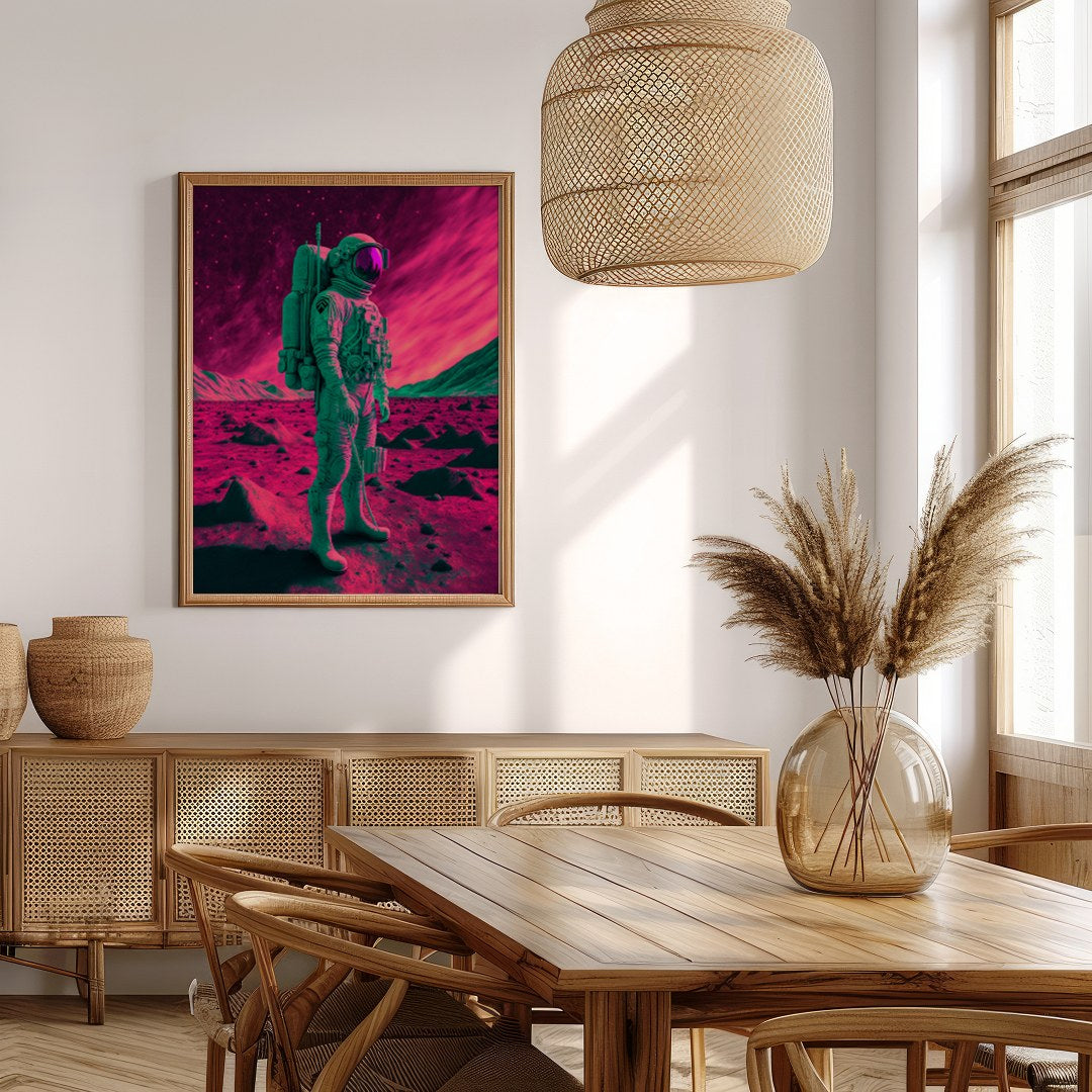 Step into an otherworldly realm with this captivating piece of wall art. Featuring a lone astronaut for Extra Kitchen