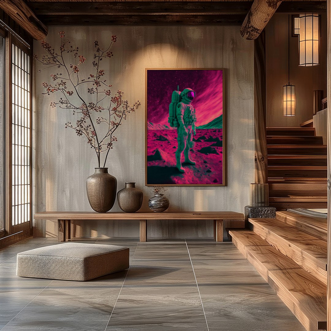 Step into an otherworldly realm with this captivating piece of wall art. Featuring a lone astronaut for Hall