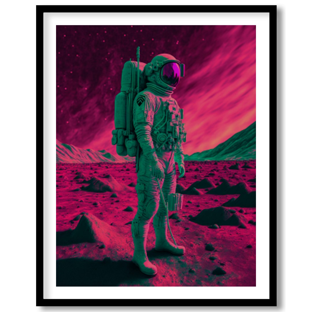 Step into an otherworldly realm with this captivating piece of wall art. Featuring a lone astronaut for hallway