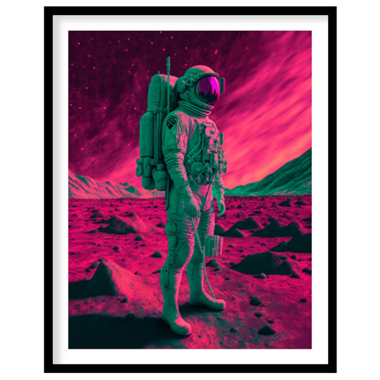 Step into an otherworldly realm with this captivating piece of wall art. Featuring a lone astronaut for hallway