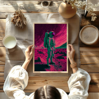 Step into an otherworldly realm with this captivating piece of wall art. Featuring a lone astronaut for Kitchen