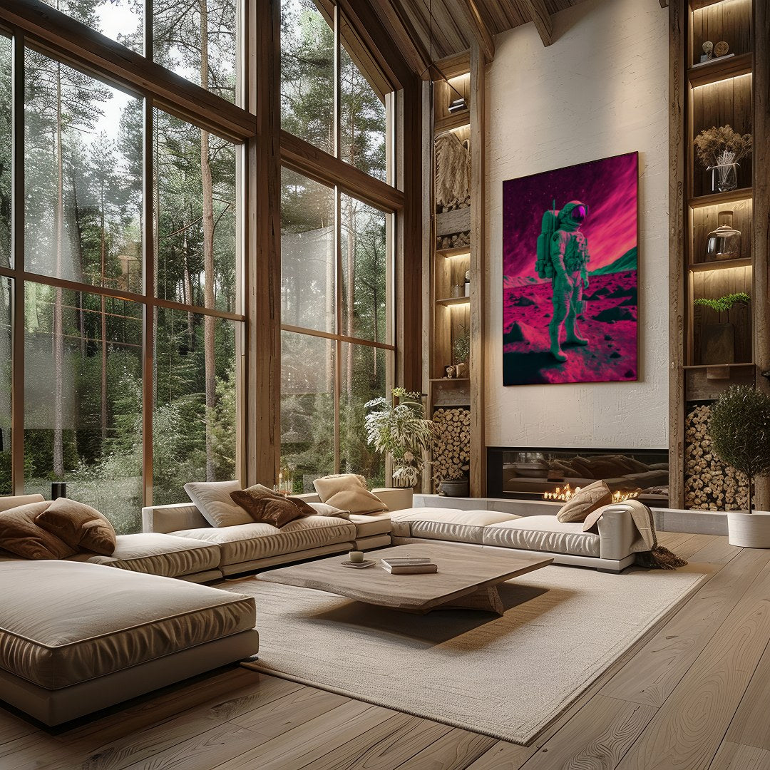 Step into an otherworldly realm with this captivating piece of wall art. Featuring a lone astronaut for Living Room
