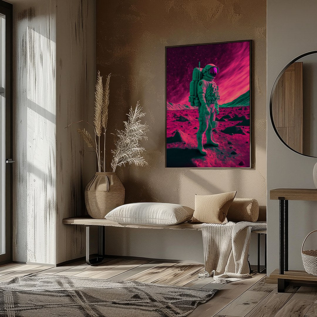 Step into an otherworldly realm with this captivating piece of wall art. Featuring a lone astronaut for residence