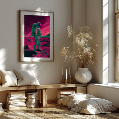 Step into an otherworldly realm with this captivating piece of wall art. Featuring a lone astronaut for retreat
