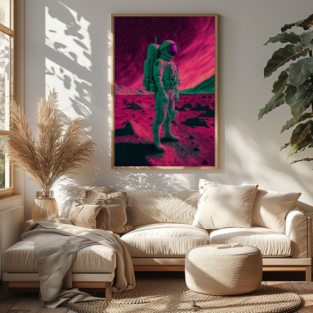 Step into an otherworldly realm with this captivating piece of wall art. Featuring a lone astronaut for Sitting Area