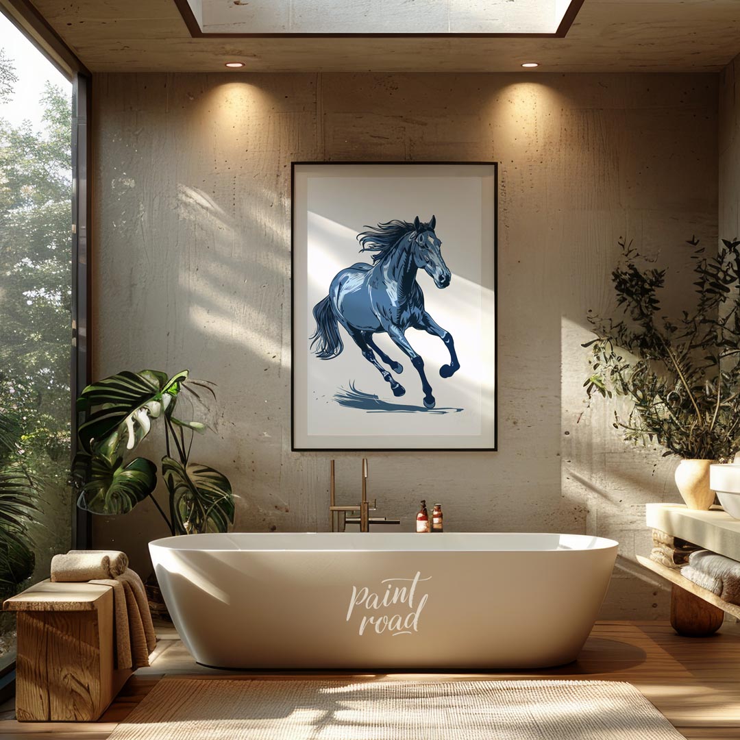 This dynamic illustration depicts a powerful horse in mid-gallop, rendered entirely in shades of bl… for bathroom