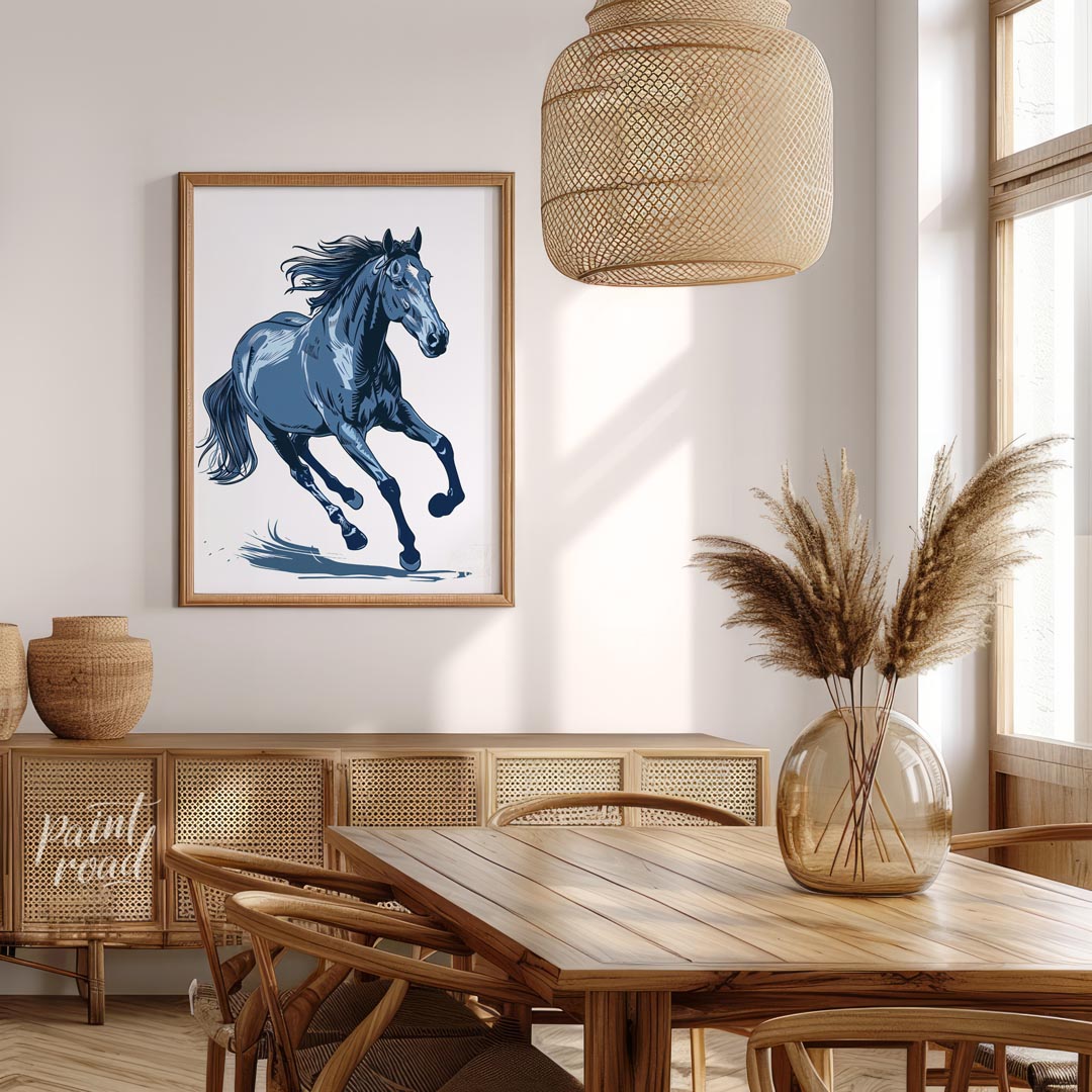 This dynamic illustration depicts a powerful horse in mid-gallop, rendered entirely in shades of bl… for dining room