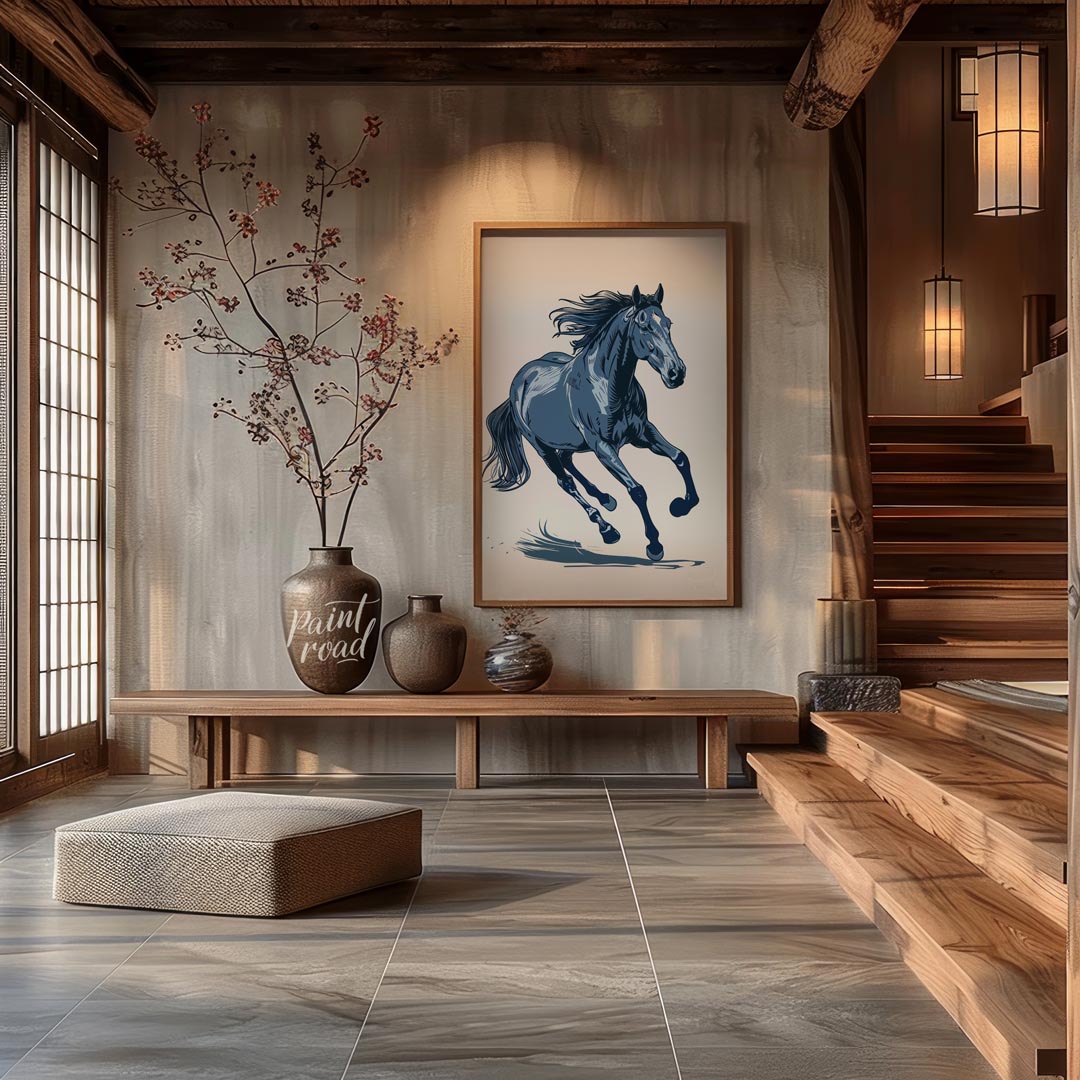 This dynamic illustration depicts a powerful horse in mid-gallop, rendered entirely in shades of bl… for entryway