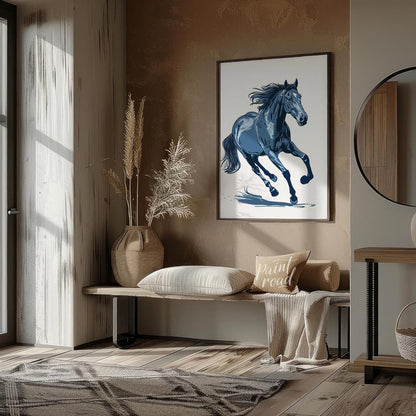 This dynamic illustration depicts a powerful horse in mid-gallop, rendered entirely in shades of bl… for entryway