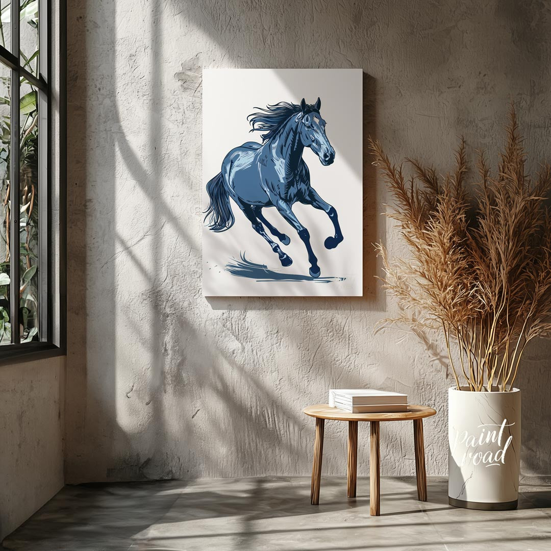 This dynamic illustration depicts a powerful horse in mid-gallop, rendered entirely in shades of bl… for hallway