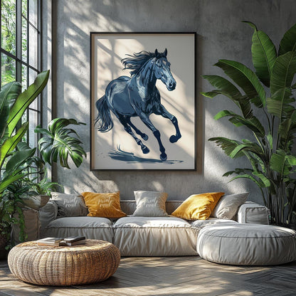 This dynamic illustration depicts a powerful horse in mid-gallop, rendered entirely in shades of bl… for living room