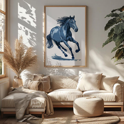 This dynamic illustration depicts a powerful horse in mid-gallop, rendered entirely in shades of bl… for living room