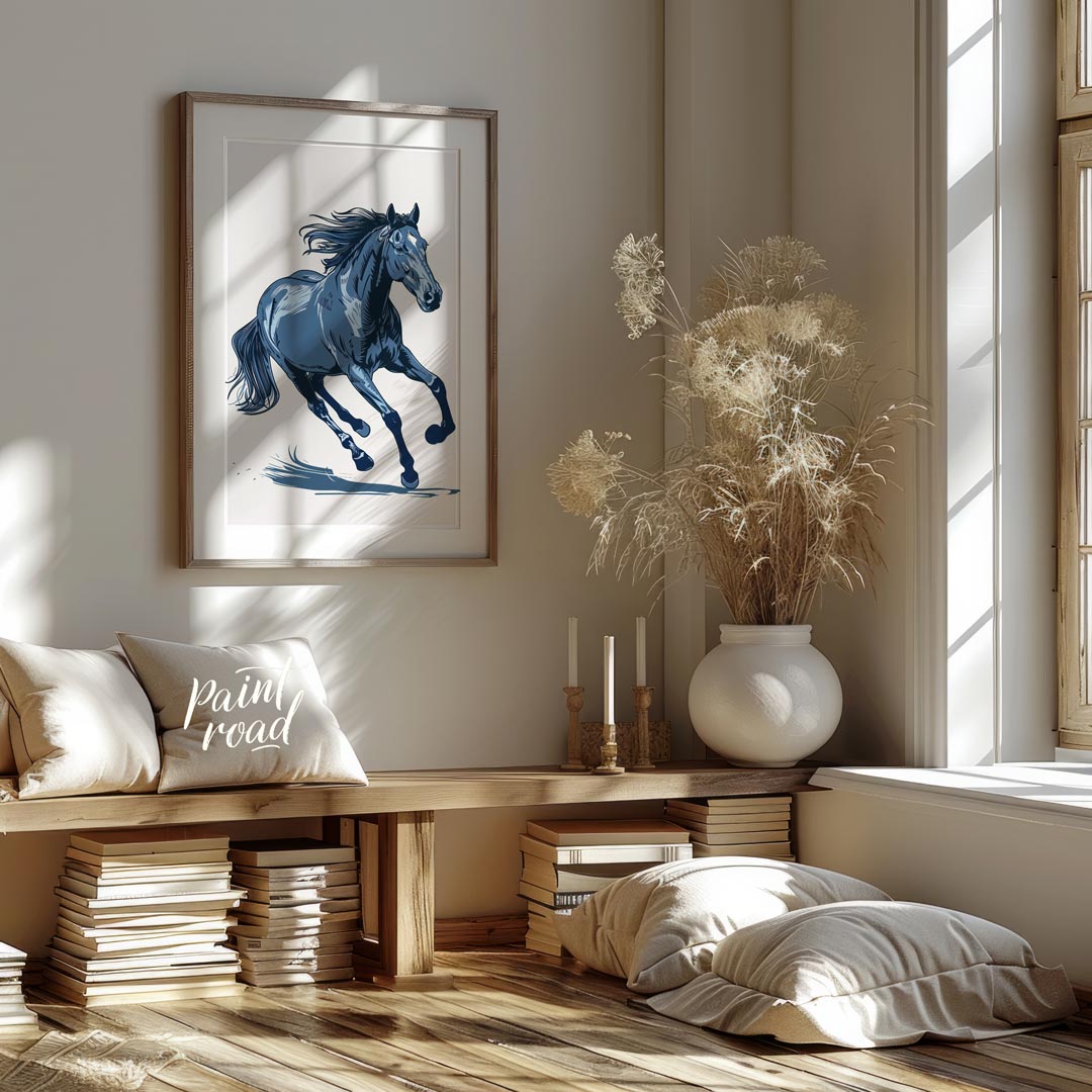 This dynamic illustration depicts a powerful horse in mid-gallop, rendered entirely in shades of bl… for living room